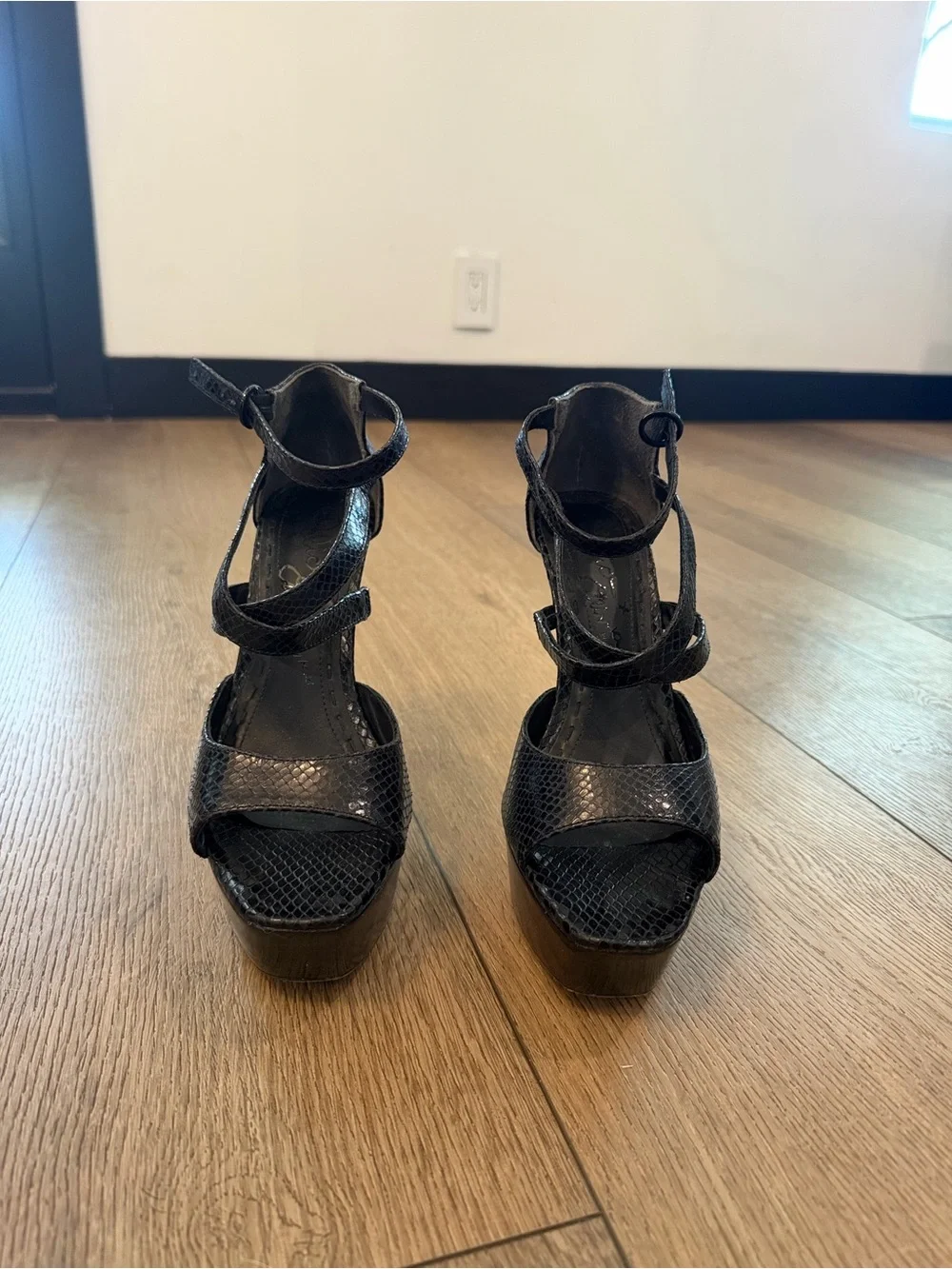 Alice + Olivia Black Snake-Embossed Platform Strappy Heels